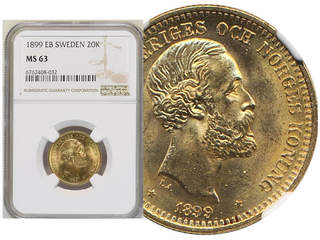 Coins, Sweden. Oskar II, MIS III.14, 20 kronor 1899. Graded MS63 by NGC. SG24. 01/0.
