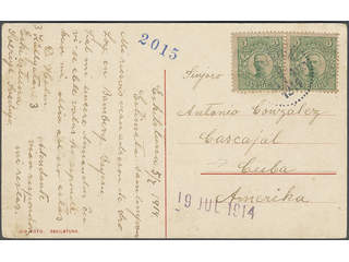 Sweden. Facit 79 cover, 2×5 öre on postcard sent from ESKILSTUNA LBR 5.7.1914 to Cuba. …