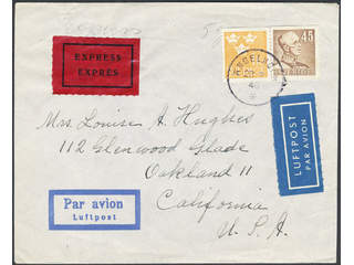 Sweden. Facit 282, 294 on cover, 45 öre + 1 kr on special delivery air mail cover sent …