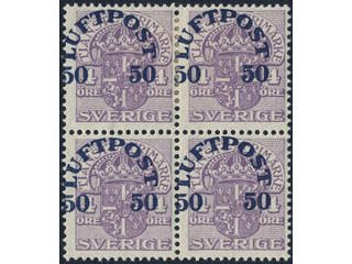 Sweden. Facit 138v2 ★★/★, 1920 Air Mail Surcharge 50 öre / 4 öre violet heavy misplaced …