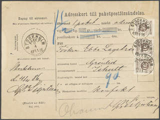 Sweden. Facit 47a cover, 3×30 öre olivish brown on beautiful address card for parcel …