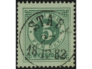 Sweden. Facit 30b used , 5 öre dull bluish green. EXCELLENT cancellation STABY 27.12.1882.