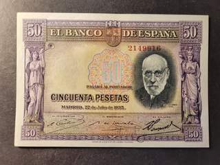 Spain 50 pesetas 22.7.1935, AU. Pick 88