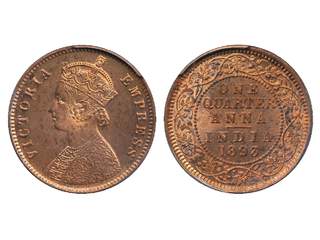 Coins, India. Queen Victoria (1837-1901), KM 486, ¼ anna 1893. Calcutta mint. Graded by …