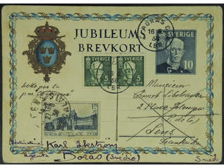 France. Michel 422 cover , 1.75 Fr + 75 c on reused Swedish postcard 10 öre (bKe38), …