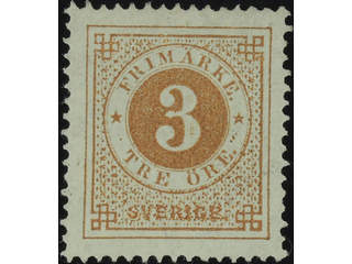 Sweden. Facit 17b ★ , 3 öre yellow-brown on smooth paper.