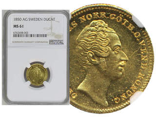 Coins, Sweden. Oskar I, MIS 8, 1 dukat 1850. Graded MS61 by NGC. SG15. 01.