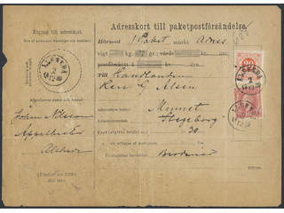 Sweden. Facit 45, 46 cover , 10+20 öre on address card for parcel sent from ALSHEDA …