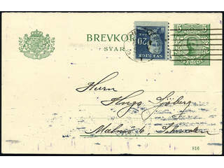 Sweden. Postal stationery, Double postcard, Facit bKd17, 151A, Response card 5 öre …