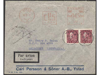 Sweden. Air mail cover Facit 187c , 2×35 öre + meter stamp 45 öre on air mail cover sent …