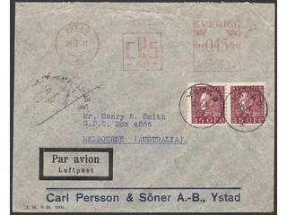 Sweden. Air mail cover Facit 187c , 2×35 öre + meter stamp 45 öre on air mail cover sent …