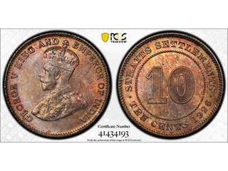 Malaysia George V (1910-1936) 10 cents 1926, UNC, PCGS MS66+