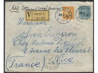Sweden. Facit 167, 181 cover , 20+90 öre on insured cover sent from Uppsala 2 20.3.29 to …