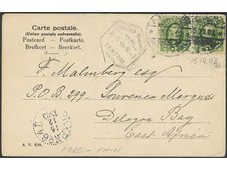 Sweden. Facit 52 on cover, 2×5 öre on postcard sent from GÖTEBORG 15.XII.03 to LOURENCO …