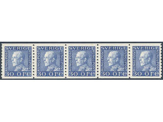 Sweden. Facit 185c ★★ , 30 öre blue, white paper in very fine strip of five. Signed BG.