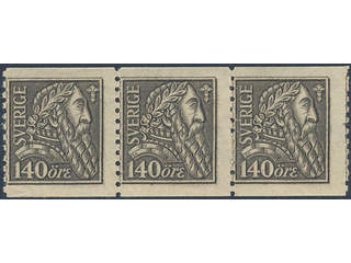 Sweden. Facit 155 ★★ , 1921 Gustaf Vasa 140 öre black in strip of three. SEK 2400