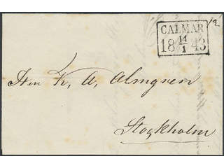 Sweden. H county. CALMAR 14.1.1843, rectangular postmark. Type 2 on letter sent to …