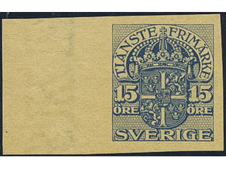 Sweden. Official Facit Tj33P (★), Proof, 15 öre blue on yellow paper with wm crown, …