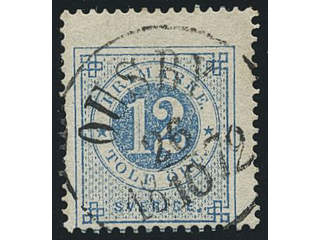 Sweden. Facit 21j used , 12 öre pale blue. Superb cancellation OUSBY 25.10.1872.