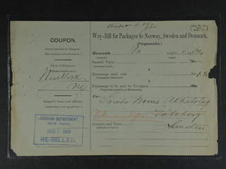 Sweden. Postal documentation. USA. Incoming address card, Way-Bill for Packages to …
