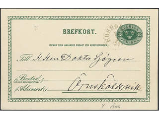 Sweden. Facit bKe7, Y county. EDSBORDET 14.3.1896. Postcard 5 öre sent to Örnsköldsvik. …