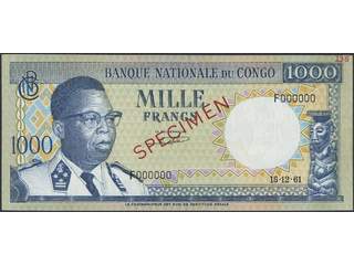Banknotes, Zaire. Pick 8s, 1000 francs 15.12.61. F000000. Specimen with red opt. Also …