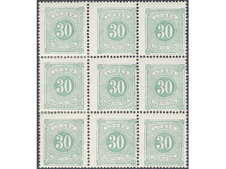 Sweden. Postage due Facit L8 ★★/★ , 30 öre green, perf 14, fresh block of nine. Three …