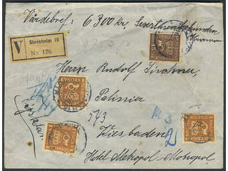 Sweden. Facit 168, 161 cover , 45 öre + 3x1 kr on insured cover sent from STOCKHOLM …