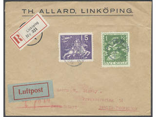 Sweden. Facit 223, 213 on brev, 15 öre + 1 kr on registered air mail 2-fold cover sent …