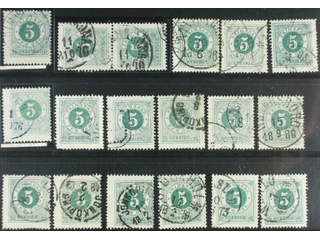 Sweden. Facit 19 used , 5 öre green, eighteen used copies. Shades, varieties, …