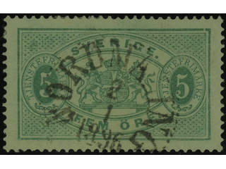 Sweden. Official Facit Tj14 used , 5 öre green perf 13. EXCELLENT cancellation …