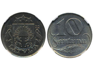 Coins, Latvia. KM 4, 10 santimi 1922. Graded by NGC as MS62. XF-UNC.