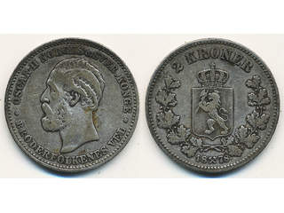 Coins, Norway. Oskar II, Sieg 65 (NM 17), 2 kroner 1878. 14,83 g. F-VF.