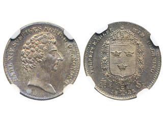 Coins, Sweden. Karl XIV Johan, SM 95, 1/16 riksdaler specie 1835. Graded by NGC as MS61. …
