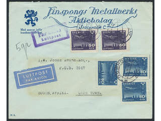 Sweden. Facit 231, 232 cover , 3×10+2×50 öre on air mail cover sent from STOCKHOLM …