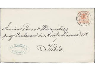 Sweden. Facit 33d cover , 20 öre dull orange-red on beautiful cover to France with …