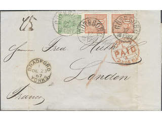 Vackert brev 45 öre till England 1867 med 2x20 öre brunaktigt orangeröd och 5 öre grön