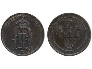 Coins, Sweden. Oskar II, MIS I.3f, 2 öre 1876. 1+/01.