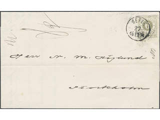 Sweden. Facit 20g cover, 6 öre olive-grey. Printed matter sent from GEFLE 27.11.1874 to …