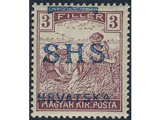 Yugoslavia. Michel 67 ★★, 1916 SHS overprint 3 f red-lilac with blue overprint variety. …