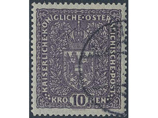 Austria. Michel 207 I used, 1917 Coat-of-arms 10 Kr dark brown-violet 25 × 30 mm. EUR 150