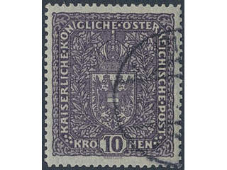 Austria. Michel 207 I used, 1917 Coat-of-arms 10 Kr dark brown-violet 25 × 30 mm. EUR 150