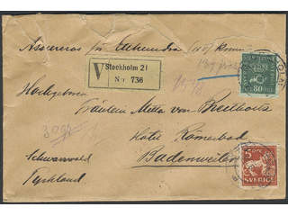 Sweden. Facit 165, 142A cover , 5+80 öre on insured cover sent from STOCKHOLM 21 17.8.23 …