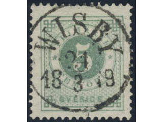 Sweden. Facit 30a used, 5 öre grey-green. EXCELLENT cancellation WISBY 24.3.1879.