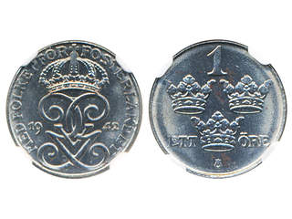 Coins, Sweden. Gustav V, MIS II.4a, 1 öre 1942. Superb example with full lustre. Graded …