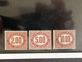Italy. Official Michel 6–8 ★, Franco Bollo 2 + 5 + 10 Lire brown-red. EUR 200