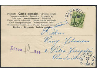 Sweden. Facit 52 cover , 5 öre on postcard sent insufficientl prepaid, as letter rate …