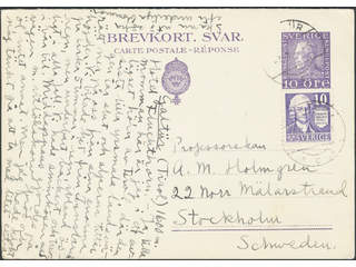 Sweden. Postal stationery, Double postcard, Facit bKd25, 259C, Reply card 10+10 öre …