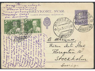 Sweden. Postal stationery, double postcard Facit bKd25, 246C , 10 öre reply part, …