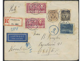 Sweden. Facit 231, 340, 73, 104 cover , 3+3x10+27/80 öre on registered air mail cover …